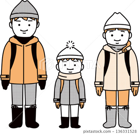 家長和孩子們穿著適合在雪路上行走的服裝 家長和孩子們穿著適合在雪路上行走的服裝 136331528