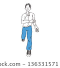 A simple hand-drawn illustration of a man in casual clothes running with a smile 136331571