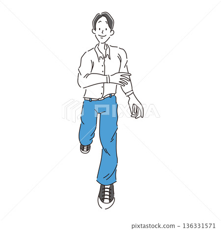 A simple hand-drawn illustration of a man in casual clothes running with a smile 136331571