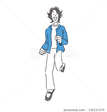 一幅簡單的手繪插圖，描繪了一位微笑的老婦人奔跑的場景。 136331574
