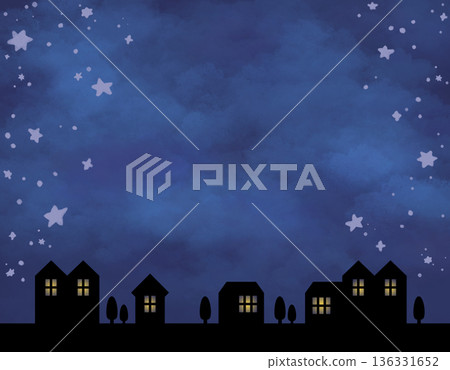 Starry sky and cityscape silhouette background with a central margin | Watercolor-style night view material with text addition Starry sky and cityscape silhouette background with a central margin | Watercolor-style night view material with text addition 136331652