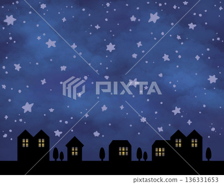 水彩星空與城市剪影背景 | 絕佳夜景插畫素材 136331653