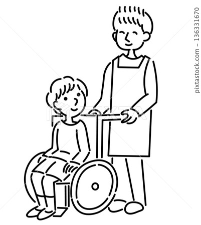 圖解：一名坐在輪椅上的男孩正在接受護理，旁邊有一名護理人員。 136331670
