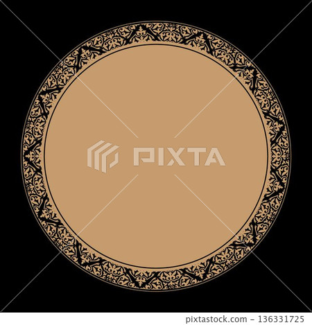 Oriental vector round frame with floral elements. Gold round Kazakh national ornament. Abstract Patterns of Islam, Arabic, Indian, ottoman. Medallion, embroidery, plate, carpet, dish 136331725