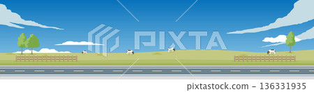 Horizontal or Landscape of asphalt road. Minimalist flat illustration of a peaceful countryside landscape featuring grazing cows in a green field alongside a quiet roadside under a clear blue sky. 136331935
