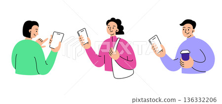 People set with men and women holding smartphones, using mobile applications and digital services. Flat cartoon vector illustration with clean screens for UI UX mockup, everyday online interaction 136332206
