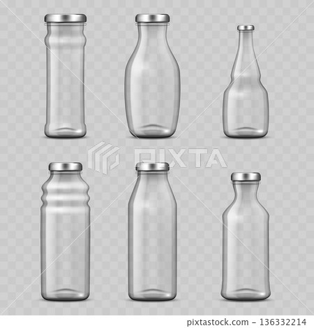 Realistic Transparent Glass Bottle Mockup Set with Silver Caps. Vector Juice, Sauce or Milk Container Templates. 136332214