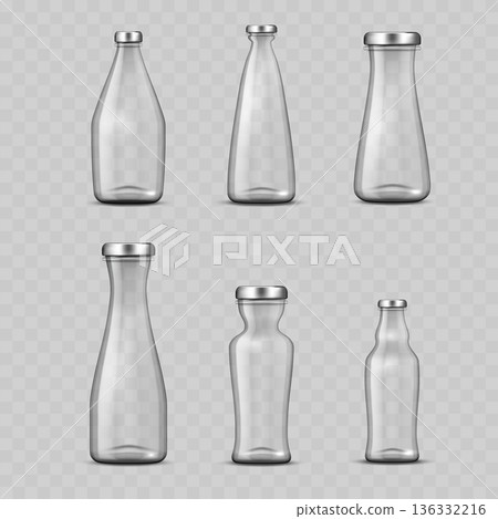 Realistic Transparent Glass Bottle Mockup Set with Silver Caps. Vector Juice, Sauce or Milk Container Templates. 136332216
