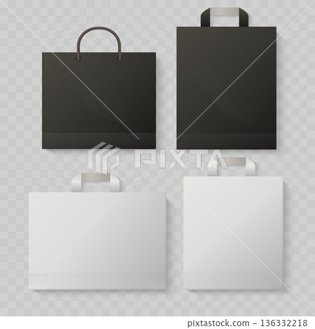 Realistic Black and White Paper Shopping Bag Set. Vector Horizontal and Vertical Gift Packaging Mockup with Handles. Realistic Black and White Paper Shopping Bag Set. Vector Horizontal and Vertical Gift Packaging Mockup with Handles. 136332218