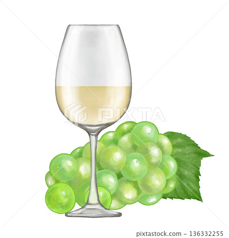 一杯白葡萄酒和葡萄。逼真插圖 一杯白葡萄酒和葡萄。逼真插圖 136332255