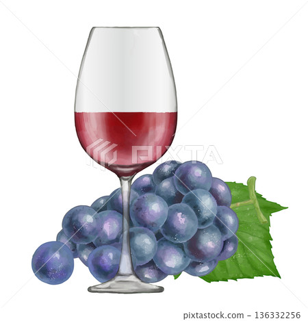 Red wine and grapes in a glass. Realistic illustration 136332256