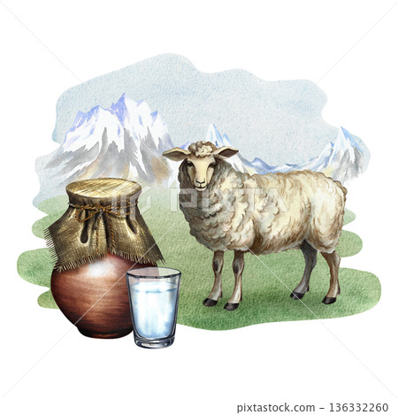 Sheep's milk. A clay jug and a glass of milk in a pasture with a sheep. A hand-drawn watercolor illustration. Perfect for advertising dairy products, banners, posters, packaging, labels, and more. 136332260