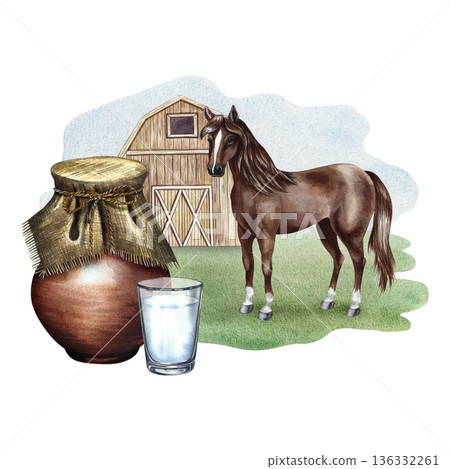 Kumis. Horse milk. A clay jug and a glass of milk on a rural scene with a horse. Hand-drawn watercolor illustration. For dairy products, banners, posters, packaging design, labels, and more. Kumis. Horse milk. A clay jug and a glass of milk on a rural scene with a horse. Hand-drawn watercolor illustration. For dairy products, banners, posters, packaging design, labels, and more. 136332261