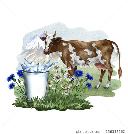 Cow's milk. A glass of milk and wildflowers in a pasture with a cow. Hand-drawn watercolor illustration. Perfect for advertising dairy products, banners, posters, packaging, labels, and more. Cow's milk. A glass of milk and wildflowers in a pasture with a cow. Hand-drawn watercolor illustration. Perfect for advertising dairy products, banners, posters, packaging, labels, and more. 136332262
