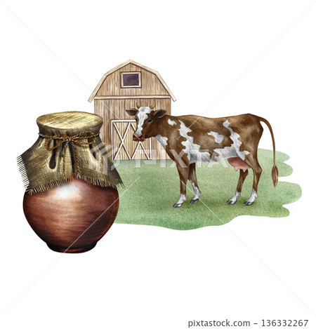 Cow's milk. A clay jug with a rural scene and a cow. A hand-drawn watercolor illustration. Perfect for advertising dairy products, banners, posters, packaging design, labels, and more. 136332267