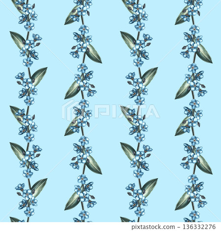 Seamless pattern with forget-me-not flowers. Hand-drawn watercolor illustration. On a blue background. For textiles, prints, wrapping paper, napkins and tablecloths, curtains, and more. 136332276