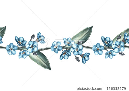 Seamless border with forget-me-not flowers. Hand-drawn watercolor illustration. For textiles, prints, wrapping paper, napkins, tablecloths, and more. 136332279