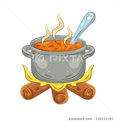 Illustration of Soup cooking over a campfire Illustration of Soup cooking over a campfire 136332391