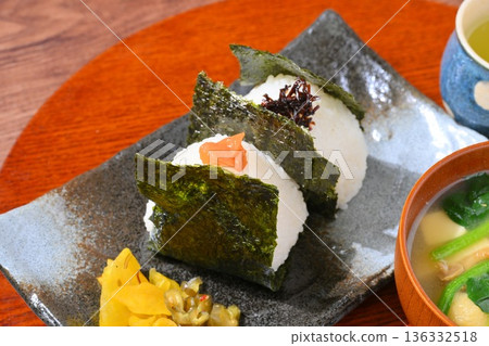 Onigiri and miso soup, rice balls and miso soup, Japanese food image. Onigiri and miso soup, rice balls and miso soup, Japanese food image. 136332518