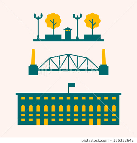 Urban city building icons set. 136332642