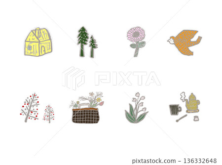 Scandinavian-style hand-drawn illustration set: flowers, coffee, and everyday accessories 136332648