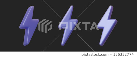 Glossy 3D thunder icon with electric blue lightning effects. Holographic bolt symbol featuring metallic chrome finish, ideal for power and speed concepts in modern graphics. 136332774