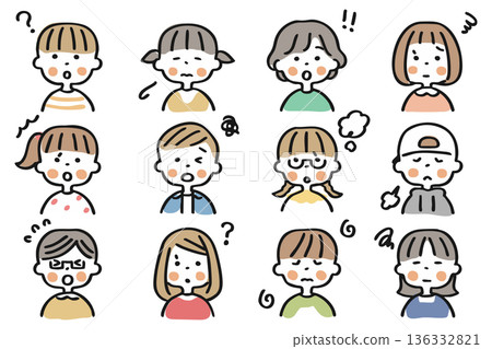 Child upper body icon set ① Facial expressions (?, surprised, troubled) Child upper body icon set ① Facial expressions (?, surprised, troubled) 136332821