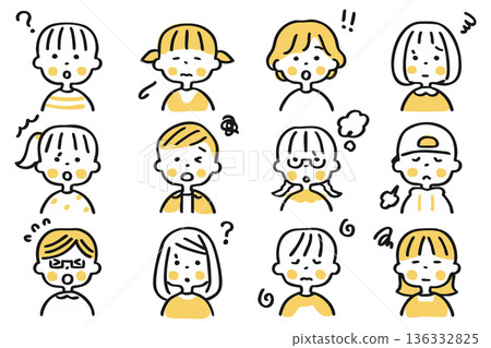 Child upper body icon set ② Facial expressions (?, surprised, troubled) 136332825