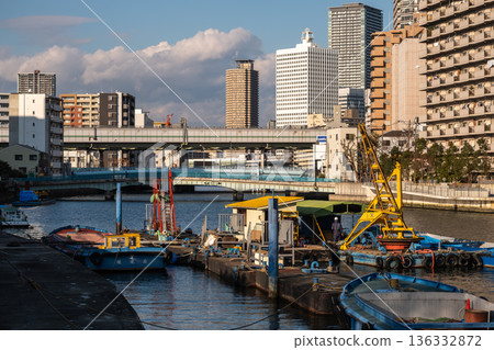 Canals and skyscrapers around Nakanoshima, Osaka: Urban landscape and waterfront scenery Canals and skyscrapers around Nakanoshima, Osaka: Urban landscape and waterfront scenery 136332872