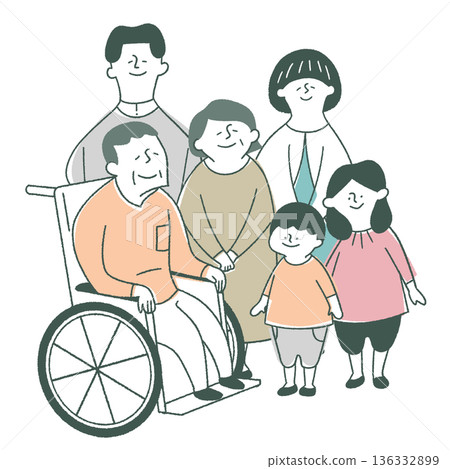 坐輪椅的爺爺和三代同堂的家庭 坐輪椅的爺爺和三代同堂的家庭 136332899