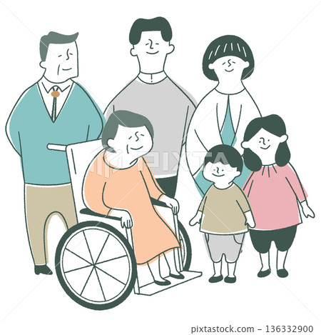 一個三代同堂的家庭，祖母坐輪椅。 136332900