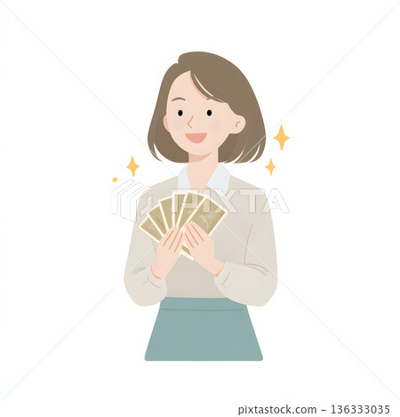 一幅插圖,描繪了一位手捧鈔票、笑容滿面的女士。可能是中了樂透、意外之財、股票上漲帶來的額外收入等等。 一幅插圖,描繪了一位手捧鈔票、笑容滿面的女士。可能是中了樂透、意外之財、股票上漲帶來的額外收入等等。 136333035