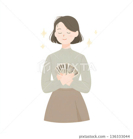 一幅插圖，描繪了一位手捧鈔票、笑容滿面的女士。可能是中了樂透、意外之財、股票上漲帶來的額外收入等等。 136333044