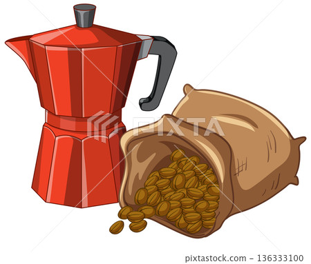 Red Moka Pot and Burlap Sack Spilling Roasted Coffee Beans Red Moka Pot and Burlap Sack Spilling Roasted Coffee Beans 136333100