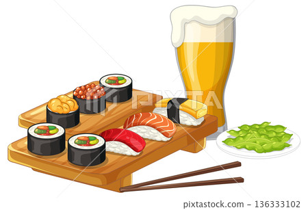 Japanese Sushi Platter with Beer and Edamame Vector Illustration Japanese Sushi Platter with Beer and Edamame Vector Illustration 136333102