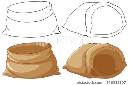 Empty Burlap Sacks in Line Art and Color Vector Illustration 136333107