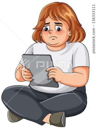 Sad Obese Woman Using Digital Tablet While Sitting Cross Legged 136333111