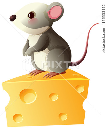 Cartoon Mouse Sitting on Cheese Wedge Vector Illustration 136333112