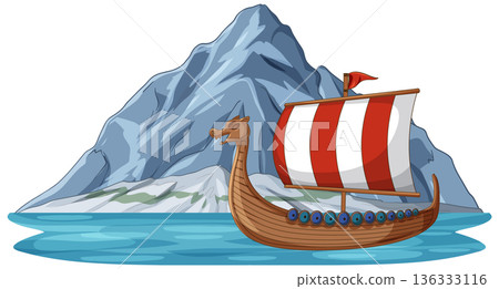 Viking Longship Sailing on Water with Mountain Background Vector Illustration 136333116