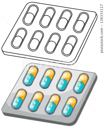 Vector Illustration of Medical Capsule Blister Pack in Color and Outline 136333117