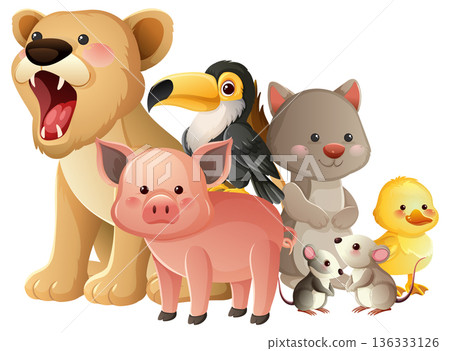 Group of Cute Cartoon Animals on White Background 136333126