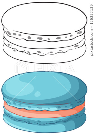 Blue Macaron Dessert Vector Illustration with Black and White Line Art 136333139