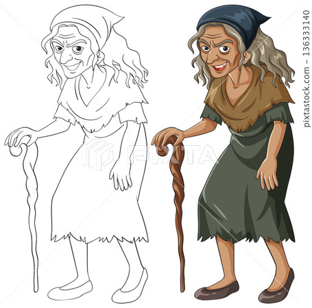 Old Woman with Cane in Tattered Clothes Vector Illustration 136333140