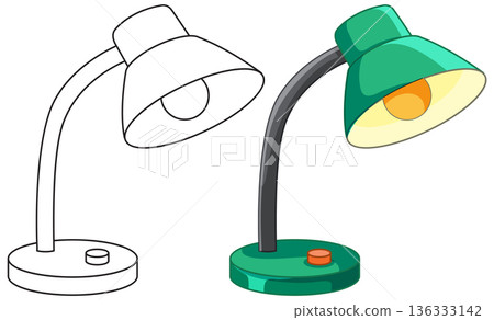 Green Desk Lamp Vector Illustration with Coloring Page Outline Version 136333142
