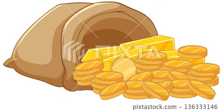 Cartoon Burlap Sack Spilling Gold Coins and Bullion Bars Cartoon Burlap Sack Spilling Gold Coins and Bullion Bars 136333146
