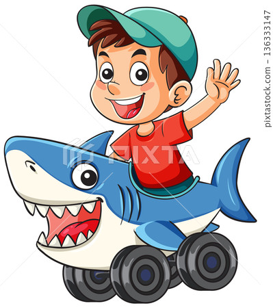 Smiling Boy Riding Shark-Shaped Toy Car 136333147