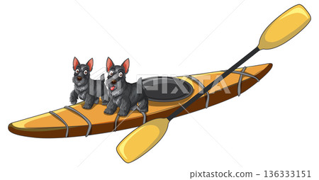 Two Scottish Terrier Dogs Sitting on a Yellow Kayak with Paddle 136333151