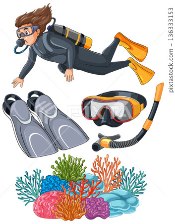Scuba Diver and Underwater Exploration Equipment Set with Coral Reef Elements 136333153