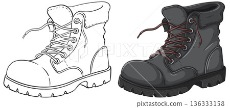 Work Boot Vector Illustration with Color and Outline Versions Work Boot Vector Illustration with Color and Outline Versions 136333158
