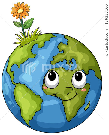 Cute Cartoon Earth Planet With Flower Sprout Cute Cartoon Earth Planet With Flower Sprout 136333160